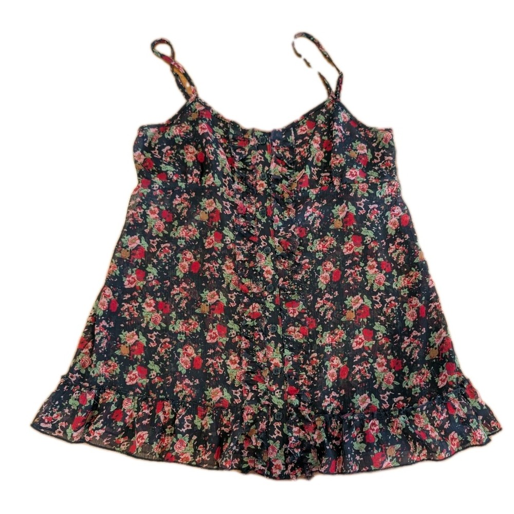 Y2K Express Babydoll Top Womens XS Fairy Grunge Whimsigoth Floral Sheer BlackRed
